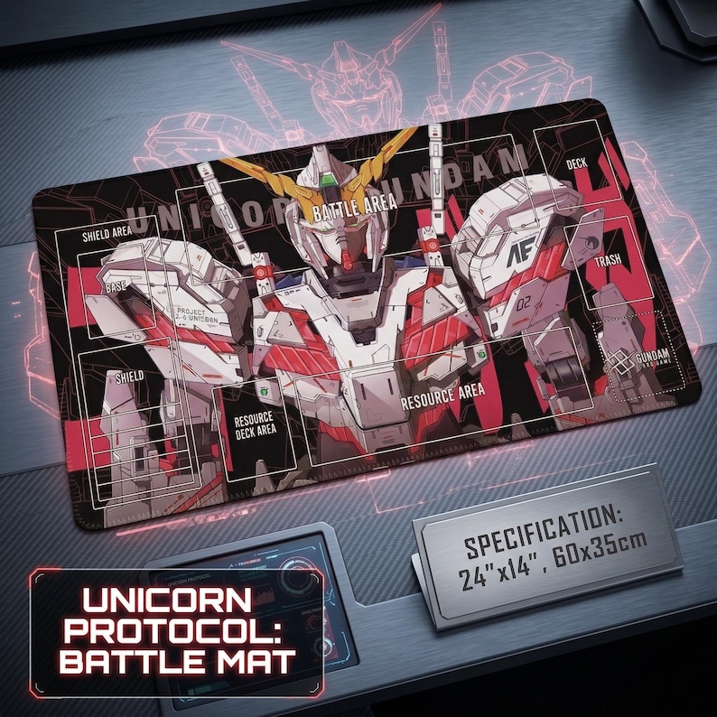 Unicorn Gundam TCG Playmat with Zones | 24x14 RX-0 Mecha Card Game Mat | GCG Accessories | Stitched Edges image 3