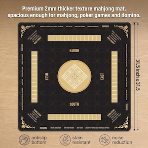 May include: A square black mahjong mat with a 2mm thickness and gold-colored markings, measuring 31.5 inches by 31.5 inches. The mat features a central diamond design, directional labels, and text including Charleston rules and dragon suit names.