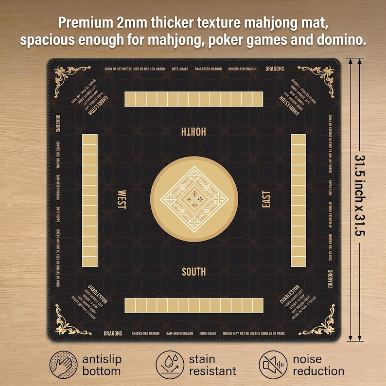 May include: A square black mahjong mat with a 2mm thickness and gold-colored markings, measuring 31.5 inches by 31.5 inches. The mat features a central diamond design, directional labels, and text including Charleston rules and dragon suit names.