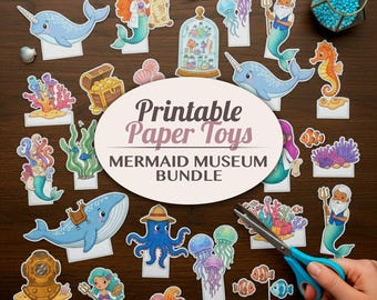 Mermaid Museum Printable Paper Toy Kit | Digital Cut Outs Craft Activity Diorama Craft