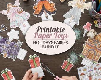 Holiday Fairies Printable Paper Toy Bundle - Magical Festive 3D Set - Kids Seasonal Craft Activity Diorama Craft