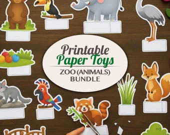 Juego de juguetes de papel imprimibles para recortar del zoológico / Manualidades de animales (Muñecos de papel para descargar) Manualidad de diorama