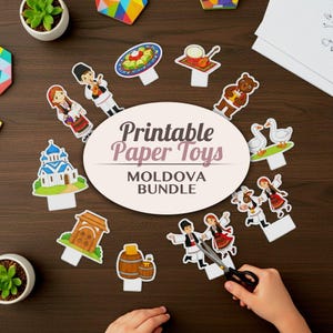 May include: A selection of colourful, printable paper toys depicting Moldovan cultural symbols. The image shows illustrations of people in traditional dress, buildings, food, and animals. The text on the image reads "Printable Paper Toys MOLDOVA BUNDLE".