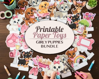 Paper Pets Girly Puppies Printable Paper Toy Bundle - Kawaii Pink Dog Activity - 3D Puppy Doll House Set Diorama Craft
