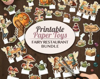 Fairy Restaurant Printable Paper Toy Bundle - Magical 3D Dining Set - Enchanted Chef Craft Activity Diorama Craft