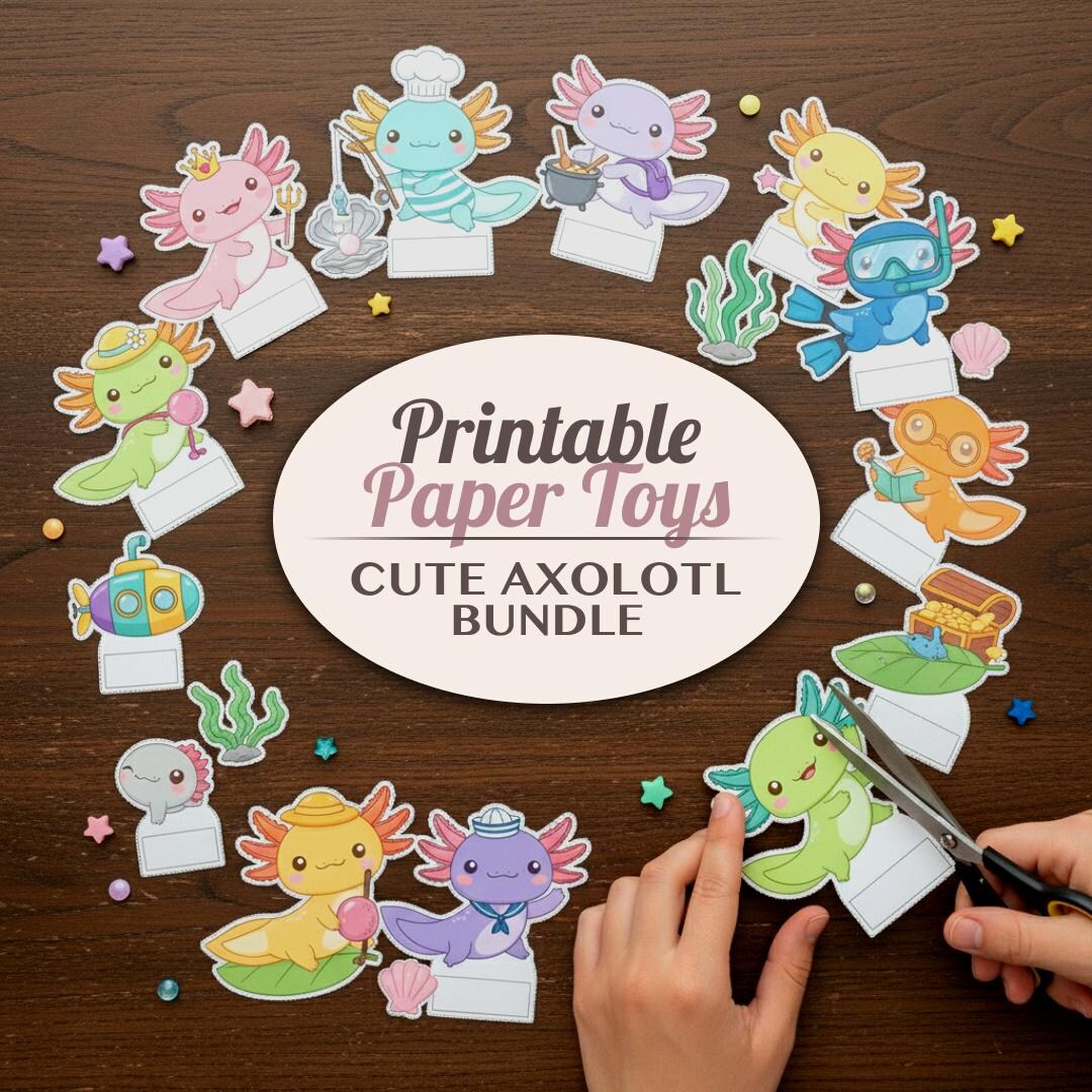 Cute Axolotl Printable Paper Toy Cut Out Craft Activity Bundle Diorama ...