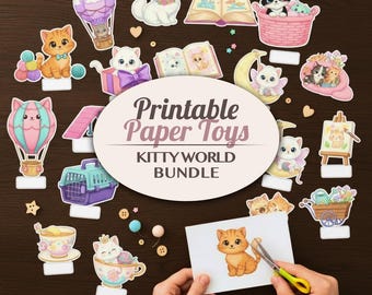 Paper Pets Kitty World Printable Paper Toy Bundle - Kawaii Cat 3D Play Set - Kitten Doll House Craft for Kids Diorama Craft