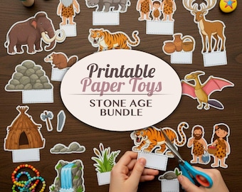 Stone Age Printable Paper Toy Bundle | Prehistoric Diorama Craft Kit | Kids Cut Outs Activity