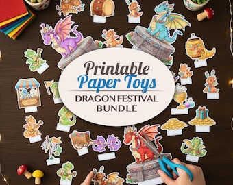 Dragon Festival Printable Paper Toy Bundle - Kawaii Fantasy 3D Play Set - Mythical Creature Craft for Kids Diorama Craft