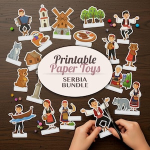 May include: A collection of colorful paper toys featuring Serbian cultural elements. The set includes illustrations of people in traditional clothing, landmarks, food, and animals. The text "Printable Paper Toys SERBIA BUNDLE" is displayed in the center.