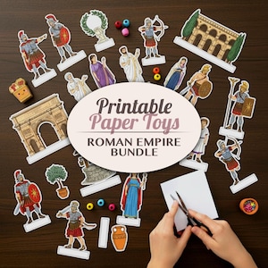May include: A collection of printable paper toys featuring Roman Empire figures and architecture. The set includes soldiers, emperors, and buildings, with the text "Printable Paper Toys ROMAN EMPIRE BUNDLE" in the center. Scissors and hands are also visible.