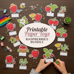 Peut inclure: Une collection de jouets en papier imprimables représentant des framboises, des plantes et des accessoires de dessin animé. Le texte ovale central indique Printable Paper Toys RASPBERRIES BUNDLE. L'ensemble inclut des découpages avec des étiquettes blanches.