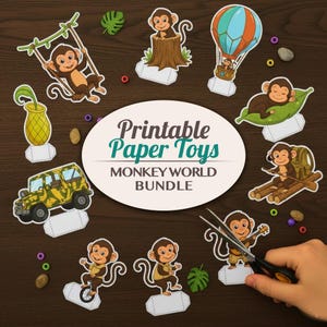 May include: A collection of printable paper toys featuring cartoon monkeys in various scenes. The set includes a monkey on a swing, in a hot air balloon, and on a raft. The text reads "Printable Paper Toys MONKEY WORLD BUNDLE."