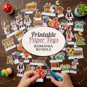 Pode incluir: Uma coleção de brinquedos de papel coloridos recortados com tema romeno, incluindo figuras com roupas tradicionais, animais e edifícios. O texto "Printable Paper Toys ROMANIA BUNDLE" é exibido em um rótulo oval. Uma tesoura azul corta um dragão vermelho.