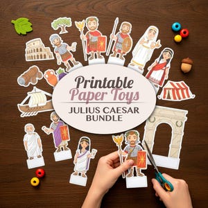 May include: A collection of printable paper toys featuring Roman-themed characters, a Colosseum, a ship, and an arch. The central oval label reads Printable Paper Toys JULIUS CAESAR BUNDLE. The figures are illustrated in a cartoon style.