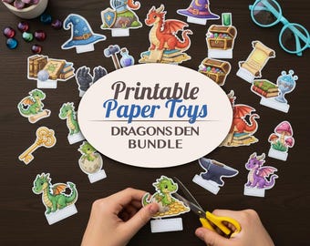 Dragons Den Printable Paper Toy Bundle - Kawaii Fantasy 3D Set - Kids Knight & Dragon Craft Diorama Craft