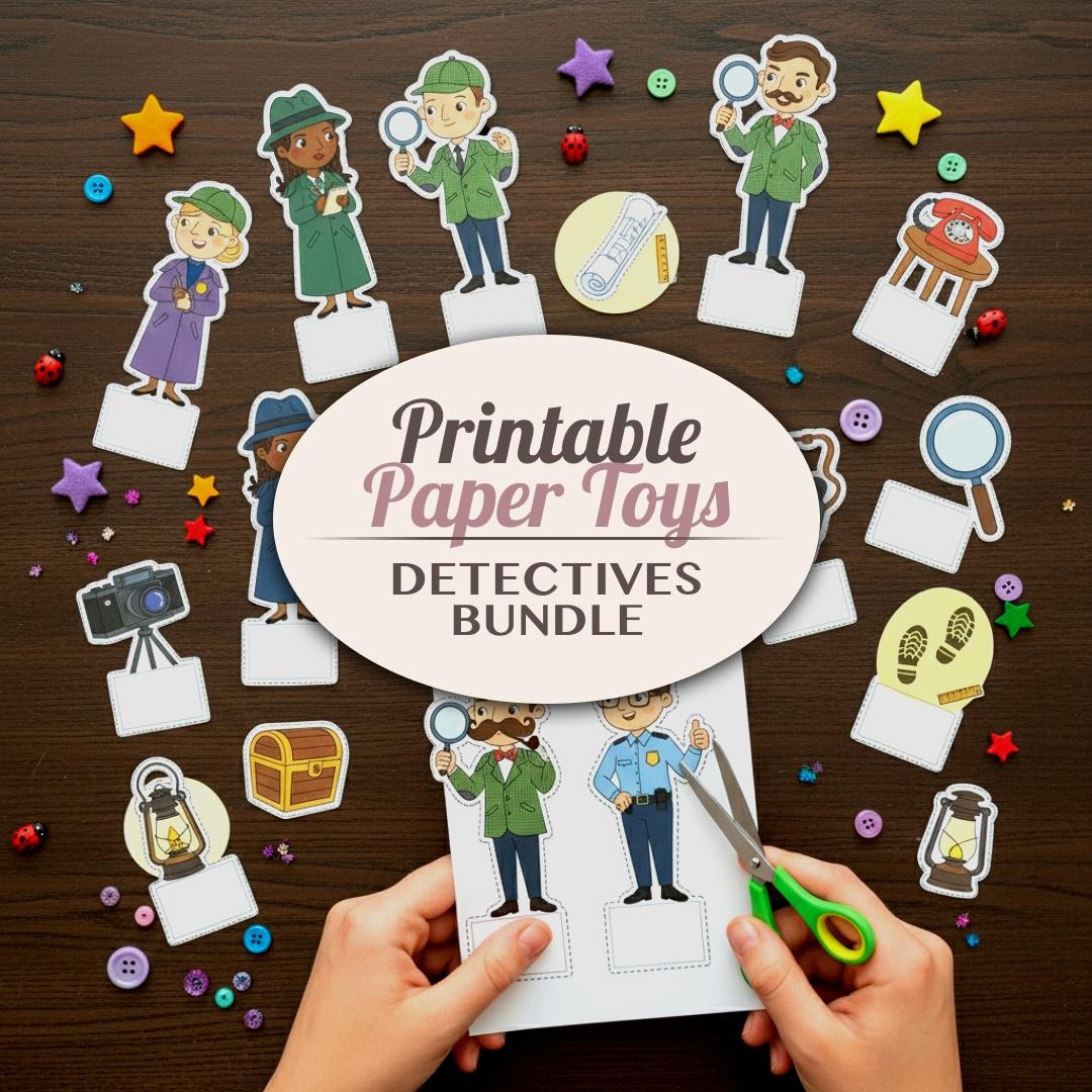 Printable Detective Paper Toy Bundle - Kids Craft Activity Cut Outs