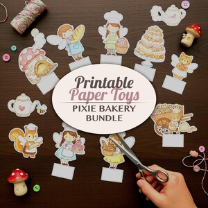 Peut inclure: Ensemble de jouets en papier imprimables sur le thème de la boulangerie des fées. L'image comprend divers personnages de fées, des pâtisseries et des articles de boulangerie. Le texte sur l'image indique "Printable Paper Toys PIXIE BAKERY BUNDLE".