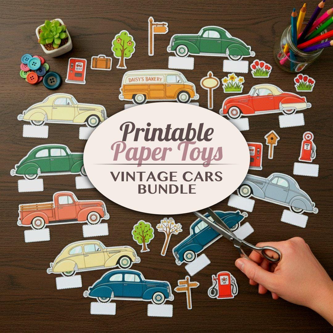 Vintage Cars Printable Paper Toy Bundle | Classic Car Cut Outs Craft ...