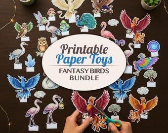 Fantasy Birds Printable Paper Toy Bundle - Magical 3D Avian Set - Enchanted Winged Creature Craft Activity Diorama Craft