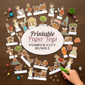 Puede incluir: Colección de coloridos juguetes de papel imprimibles con personajes y edificios de Pompeya. La imagen incluye el texto "Printable Paper Toys" y "Pompeii City Bundle". También se ve una mano con tijeras.