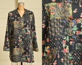 70s Patchwork Print Jacket Imperial Black Floral Cotton Button Down Coat