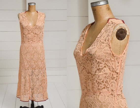 1920s Peach Lace Dress Sherbet Pastel Fitted Eveni