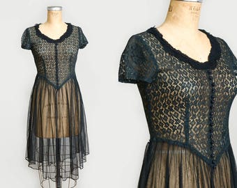 1950s Sheer Black Lace Netting Gothic Evening Party Dress