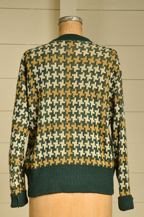 1960s Houndstooth Sweater Green & Yellow Pullover… - image 4