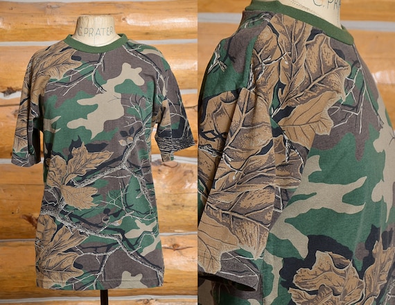 1980s Camo Tee Distressed Army Green Woodland Cam… - image 1