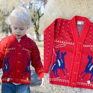 1950s Deadstock Cowboys Sweater Red & Blue Souvenir Kids Wool Button Down Sweater size 5