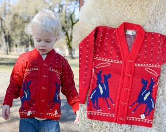 1950s Deadstock Cowboys Sweater Red & Blue Souvenir Kids Wool Button Down Sweater size 5