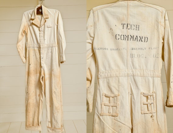 1940s Mechanics Jumpsuit Distressed White Herringb