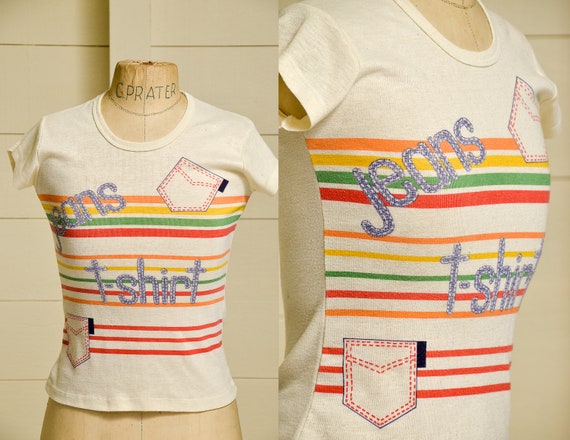 70s Jeans T Shirt Novelty Striped Thin Graphic T S