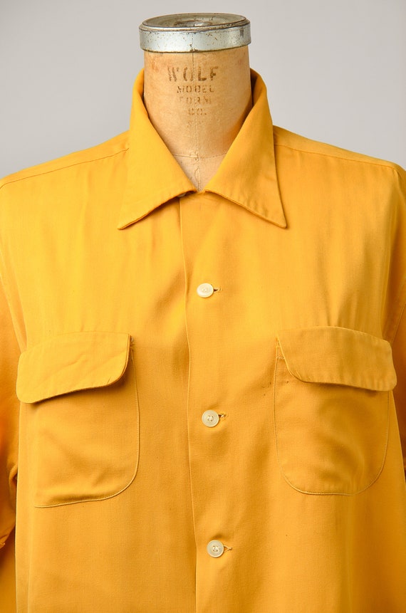 1950s Bowling Shirt Mustard Yellow Rayon Crown Pr… - image 5