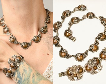 1940s Margot de Taxco Style Winged Dome Sterling Silver and Copper Repoussé TAXCO 980 Necklace and Bracelet Set