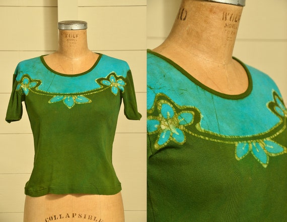 1970s Hand Batik Tie Dye Hippie Cotton Shirt