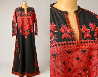 1960s Afghan Hippie Dress Black and Red Hand Embroidered Folk Dress