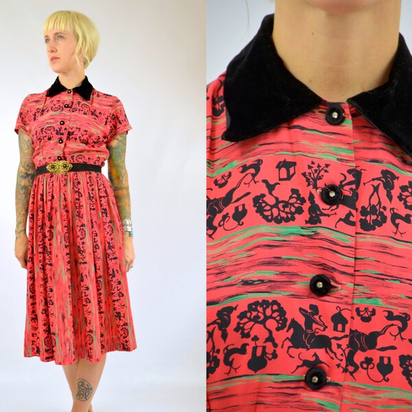 Vintage 40s Novelty Print Indian Nights Velvet Button Up Silk Cocktail Dress