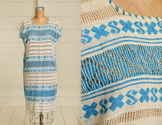 70s Huipil Kaftan Embroidered White Cheesecloth Ga