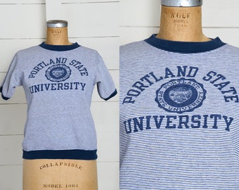 1960s Champion Portland State University Blue and White Striped College Short Sleeve Sweatshirt