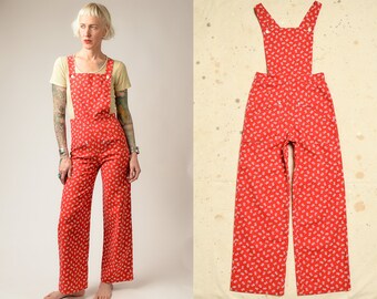 1970s Hippie Overalls Daisy Print Red and White Cotton Flared Jumpsuit