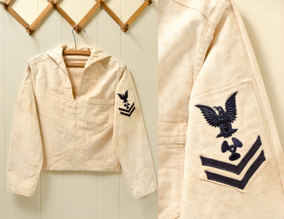 1930s Navy Cotton Smock Distressed Nautical Bibbed