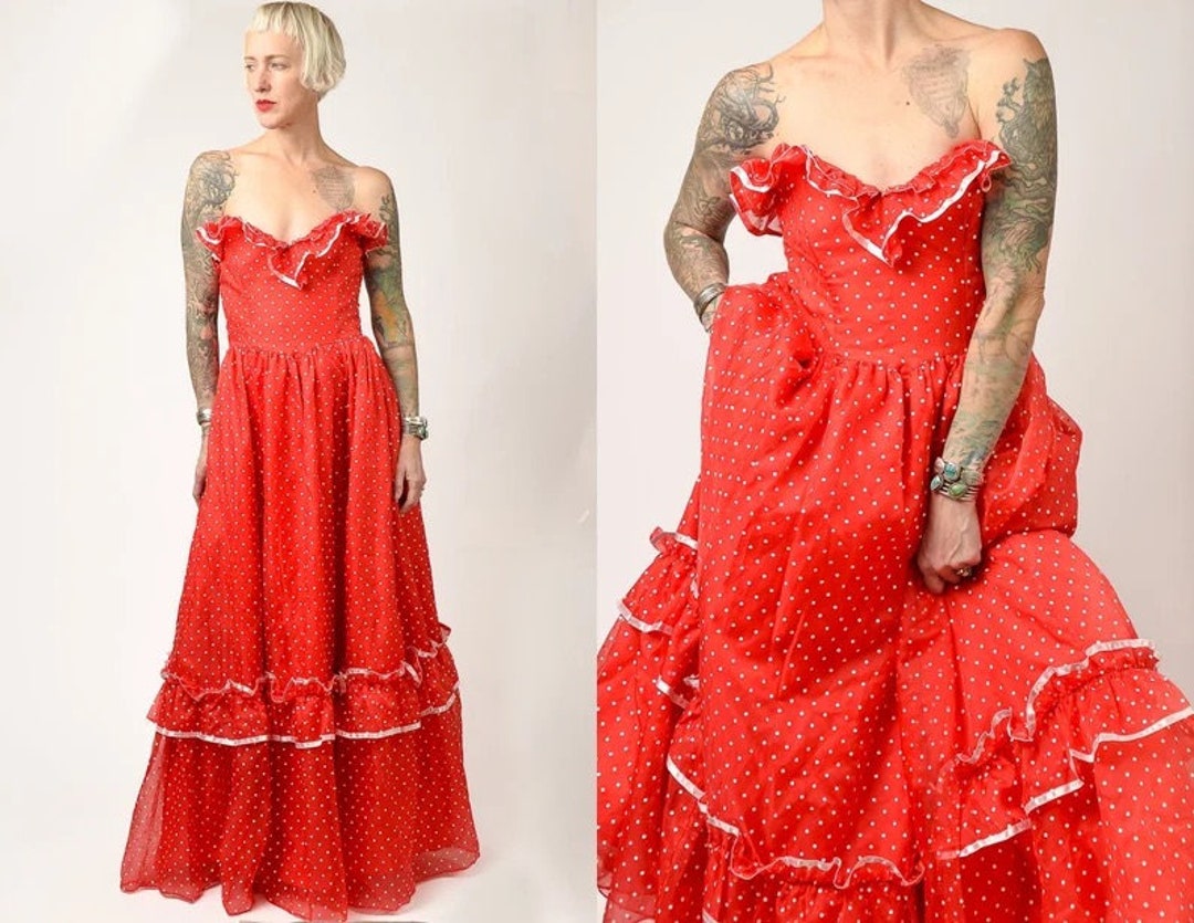 1970s Deadstock Gunne Sax Polka Dot Red & White Strapless Party Dress ...