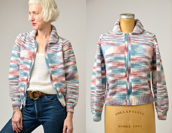 1970s Space Dye Sweater Pink and Grey Bomber Styl… - image 1