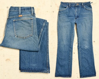 1970s Perfectly Distressed Rustler Plain Pocket Bootcut Jeans 32 x 29