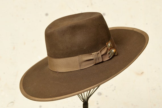 1940s Wide Brim Western Hat Brown Beaver Fur Felt… - image 1