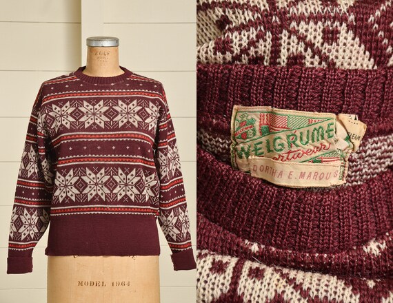1940s Snowflake Sweater Burgundy & White Wool Knit