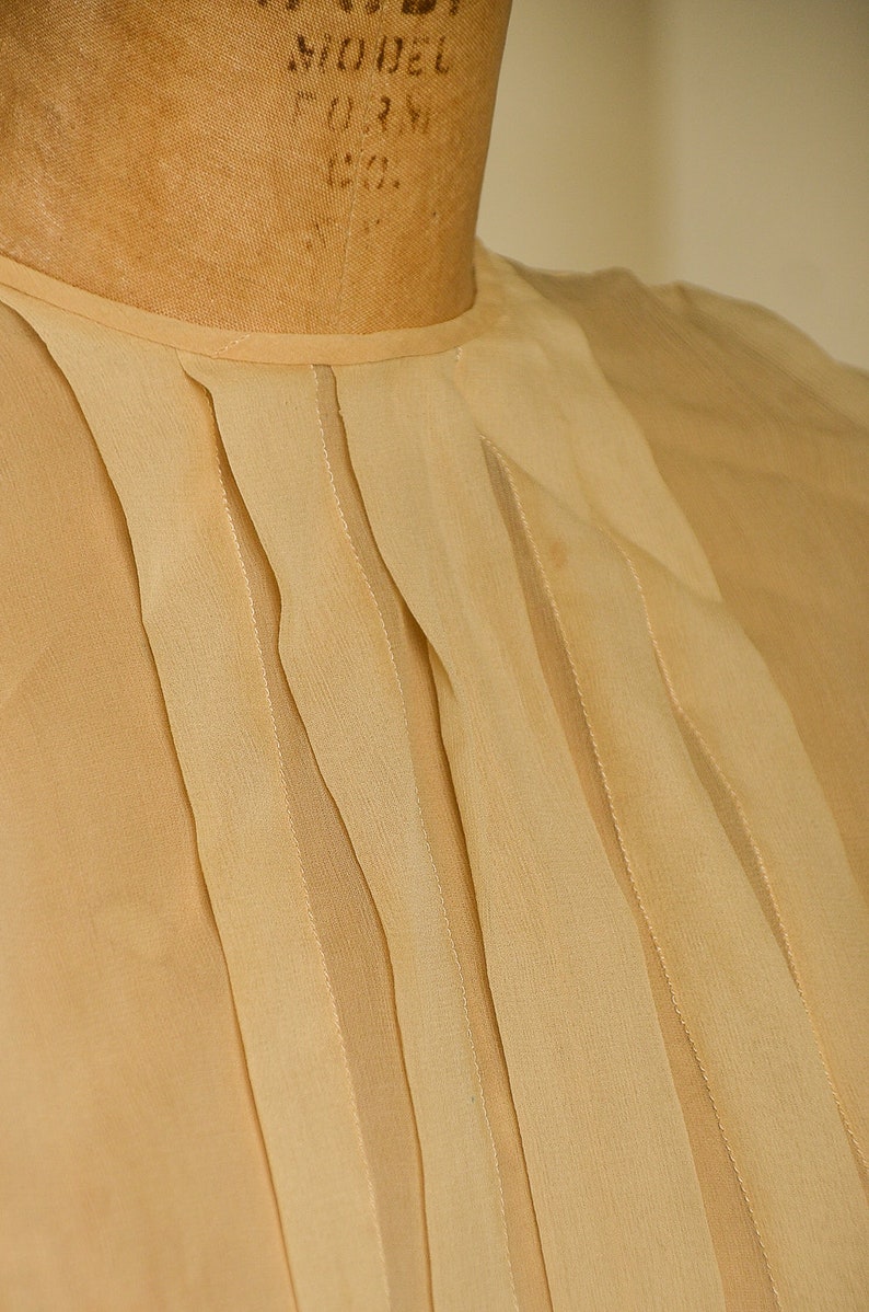 Antique Silk Blouse Sheer Ivory Button Back Pleated Deco Blouse image 5
