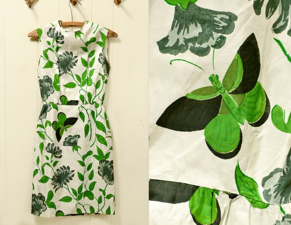 1950s Silk Springtime Butterfly Wiggle Dress